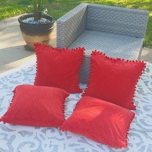 Set of 4 Red Pom Pom trimmed PILLOW covers